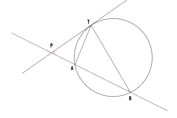 点Pが円Oの外にあって、一つの直線が円Oと２点で交わり、もう一つの直線が円Oと１点で交わる場合
