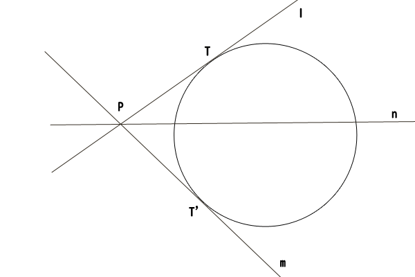点Pが円Oの外にあって、点Pを通る二つの直線が円Oと共に１点で交わる場合